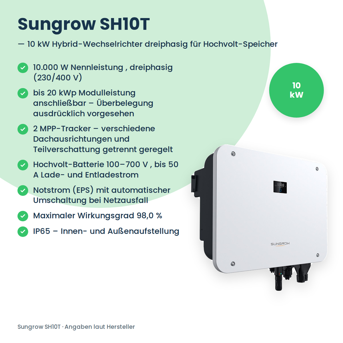 Sungrow SH10T – 10 kW hybride omvormer driefasig voor hoogvolt-batterijen