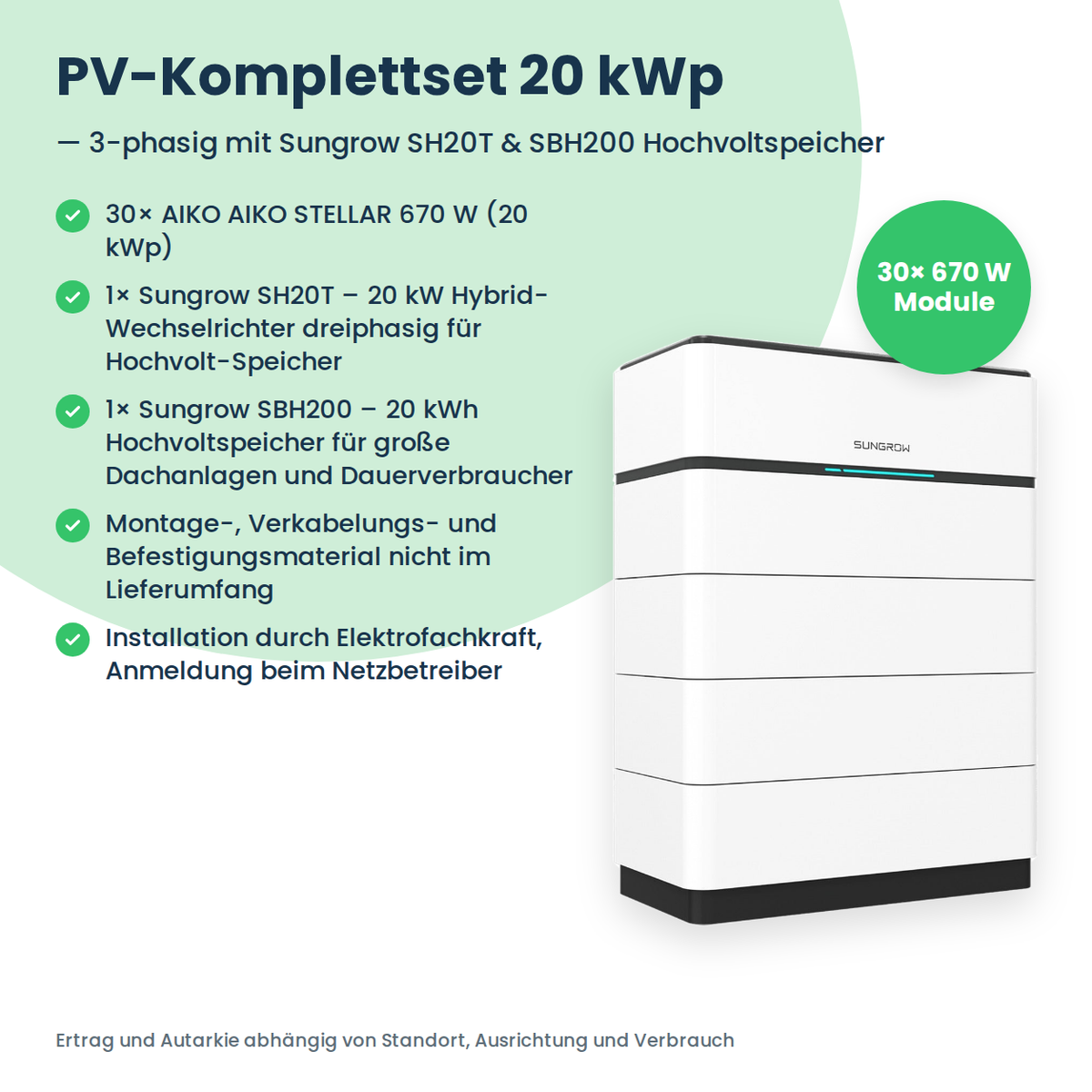 Complete PV-set 20 kWp 3-fasig | 30× AIKO STELLAR 670W + Sungrow SH20T + Sungrow SBH200