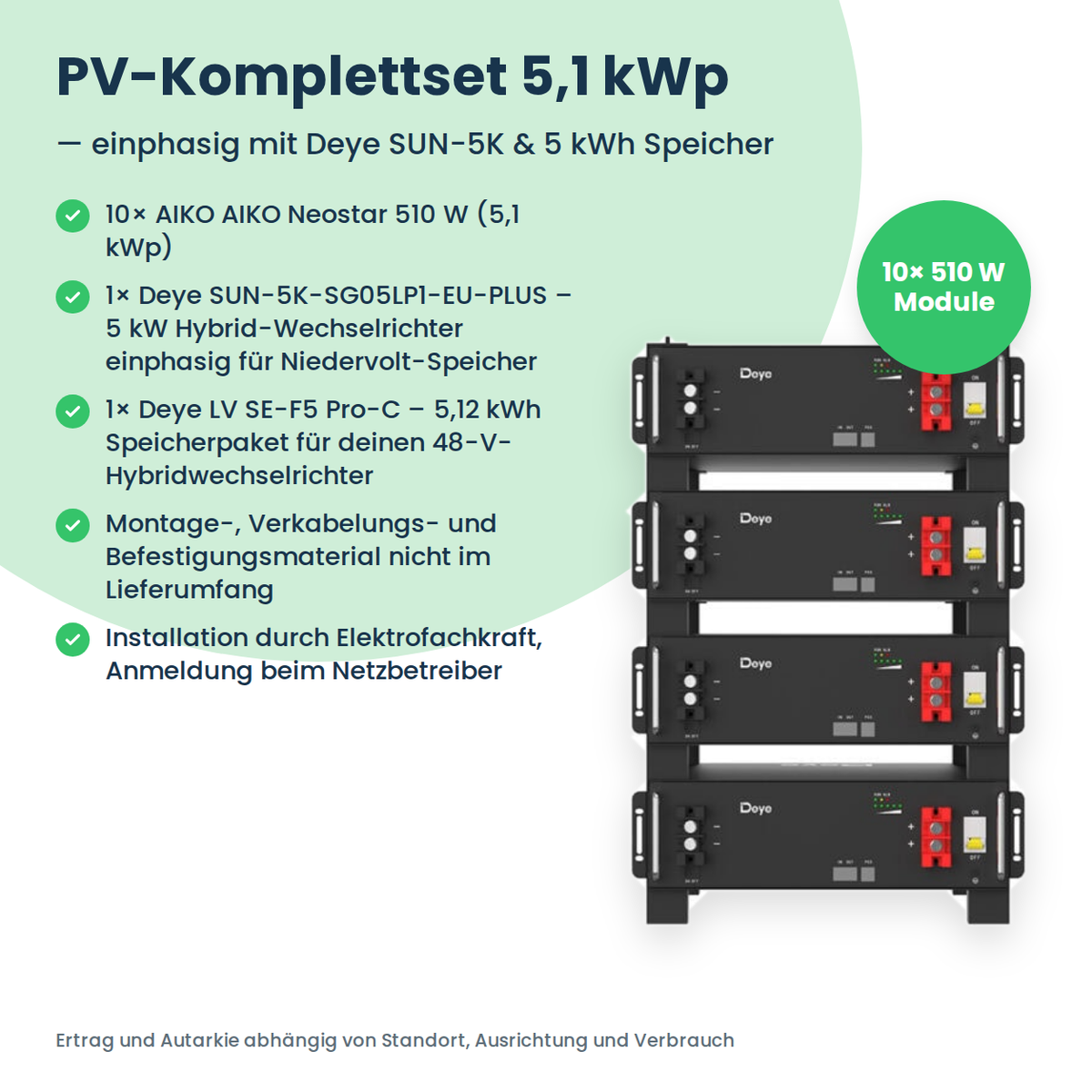 Complete PV-set 5,1 kWp | 10× AIKO Neostar 510W + Deye SUN-5K-SG05LP1 + Deye LV SE-F5 Pro-C